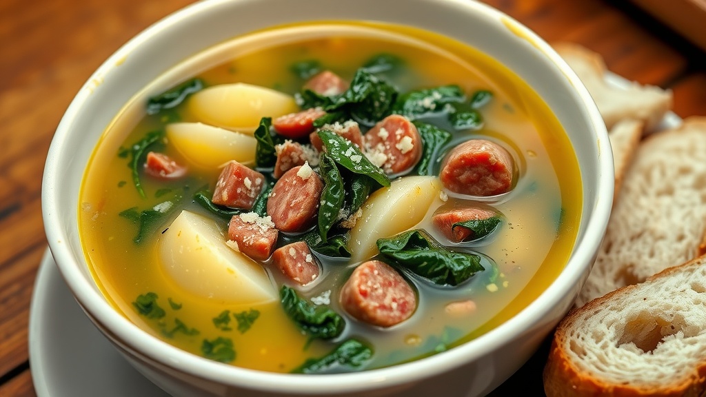 Authentic Zuppa Toscana Recipe A hearty bowl of Zuppa Toscana with kale, potatoes, sausage in creamy broth, garnished with Parmesan on wooden table with rustic bread.
